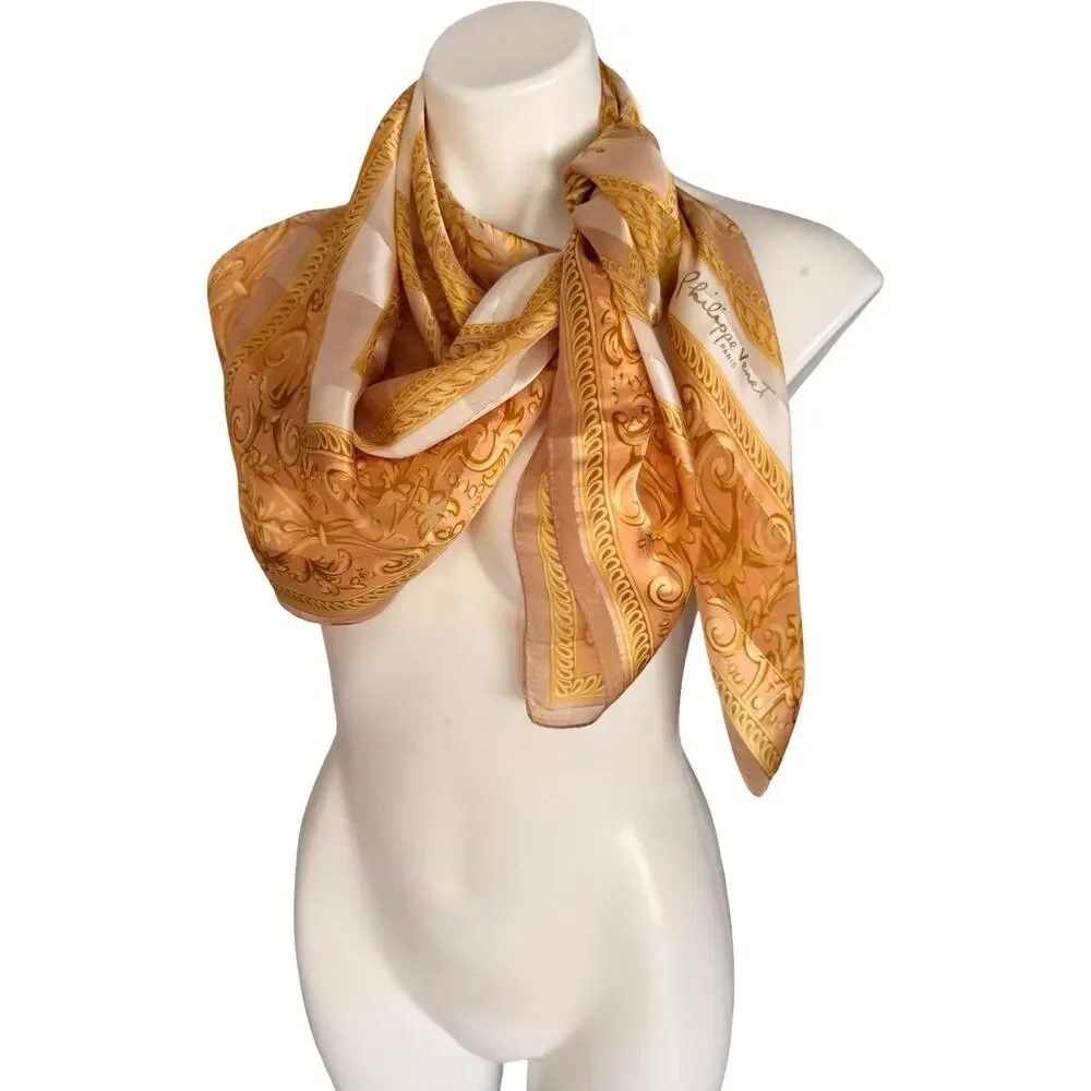 Vintage Philippe Venet Paris Silk Scarf 1980s Gold Baroque Scroll Floral 35